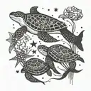 shadowed stingrays, jellyfish, and two turtles swimming  dotted with stars and the words all of the stars have a reason tattoo design idea