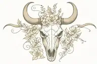 long horn cow skull with butterflies and flowers intertwined tattoo design idea