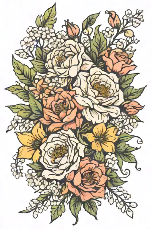 May, April, July, November birth flower bouquet tattoo design idea
