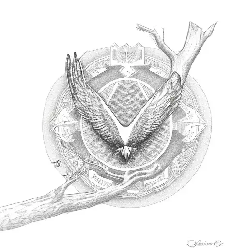 A dotwork design featuring an eagle perched on a branch, with the branches forming the shape of your grandfather Bob's initials, commemorating his life and the memories you cherish. tattoo design idea