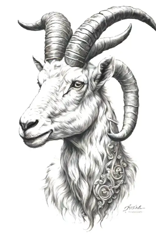goat head with four horns, pelos negros   tattoo design idea