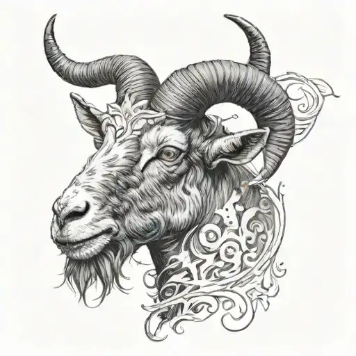 goat head with four horns, pelos negros   tattoo design idea