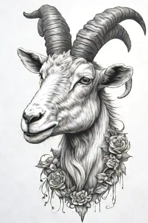 goat head with four horns, pelos negros   tattoo design idea