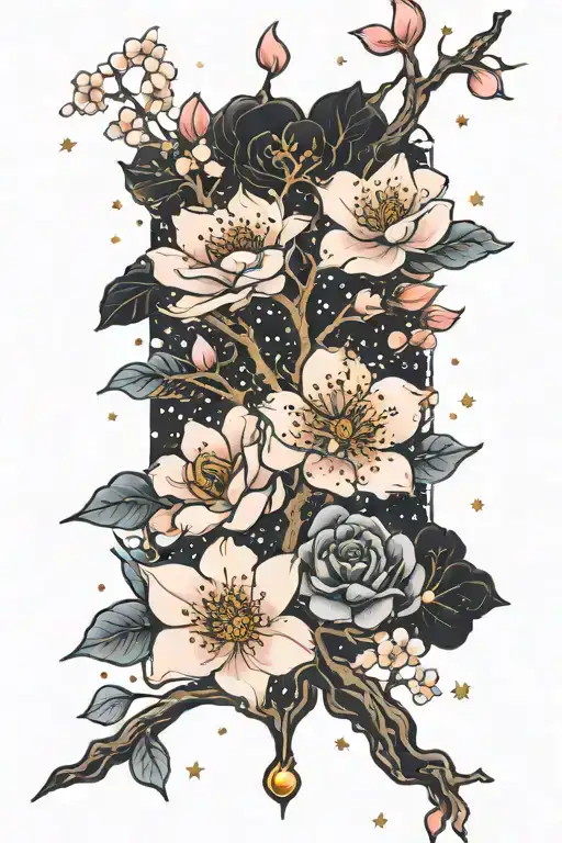 galaxy filled with stars, cherry blossom tree, and black roses tattoo design idea