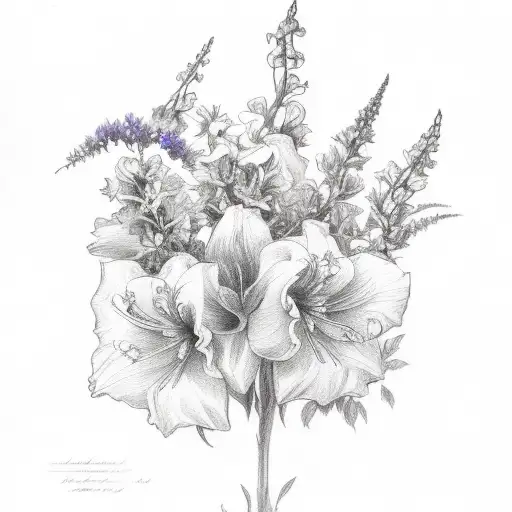 rose of sharon, delphinium, and narcisses flower bouquet  tattoo design idea