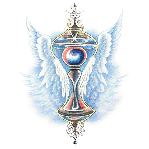 An hourglass with angel wings and a celestial background tattoo design idea