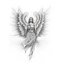 An hourglass with angel wings and a celestial background tattoo design idea