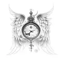 An hourglass with angel wings and a celestial background tattoo design idea