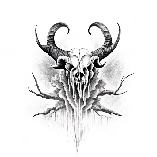 (dark art) demonic ram skull on top of (dark ornamental) thorn bed tattoo design idea