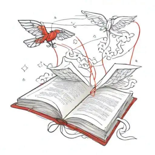 an open book with fantasies flying out of it and a red string connecting everything tattoo design idea