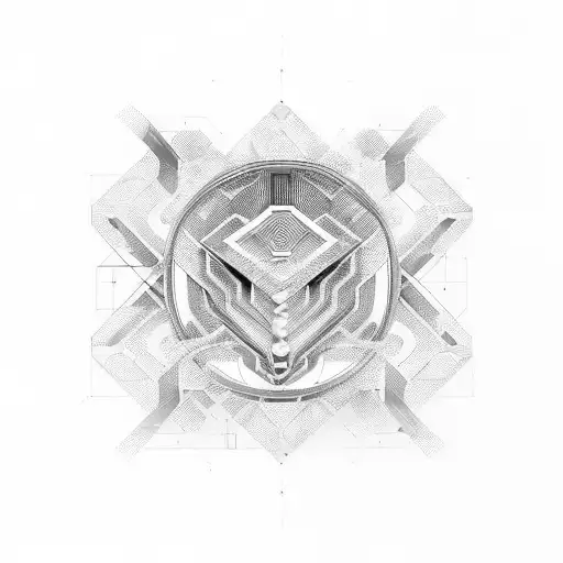 A stylish and futuristic cyber sigil design incorporating elements of architectural blueprints and cosmic symbols tattoo design idea