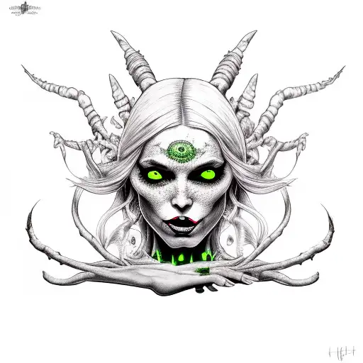 Witch Girl, full body, long nails, Black and Grey with accents of bright poison green tattoo design idea