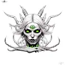 Witch Girl, full body, long nails, Black and Grey with accents of bright poison green tattoo design idea