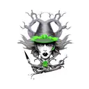 Witch Girl, full body, long nails, Black and Grey with accents of bright poison green tattoo design idea