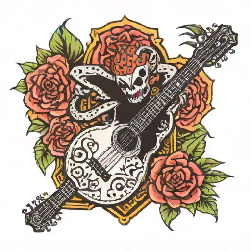 tarantula playing flamenco guitar and a carnival mask with Mayan feathers tattoo design idea