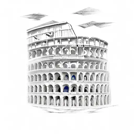  greek colosseum with storm and soldiers fighting and lions  tattoo design idea