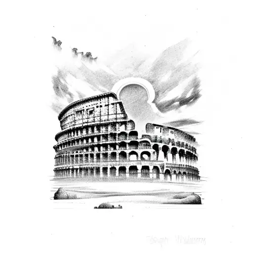broken greek colosseum with storm in background and warriors  tattoo design idea