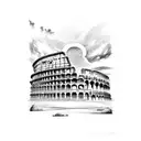 broken greek colosseum with storm in background and warriors  tattoo design idea