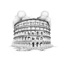 broken greek colosseum with storm in background and warriors  tattoo design idea