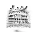 broken greek colosseum with storm in background and warriors  tattoo design idea