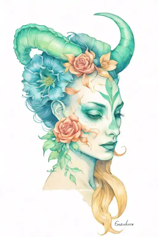 Capricorn goat skull on Virgo woman's head tattoo tattoo design idea