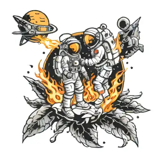 fire and astronauts and moons tattoo design idea