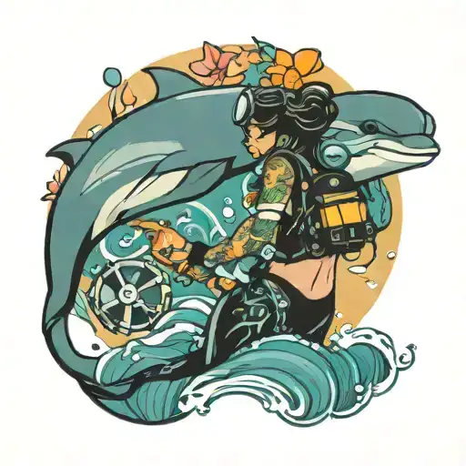 female scuba diver character with dolphins, turtles and marble ray in the water  tattoo design idea