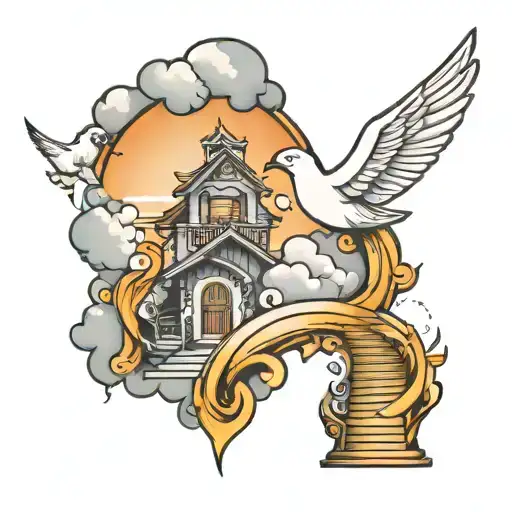 inner fore arm tattoo design with clouds and stairs and gatesto heaven with a dove or bird to heaven with 7-18-1958 tattoo design idea