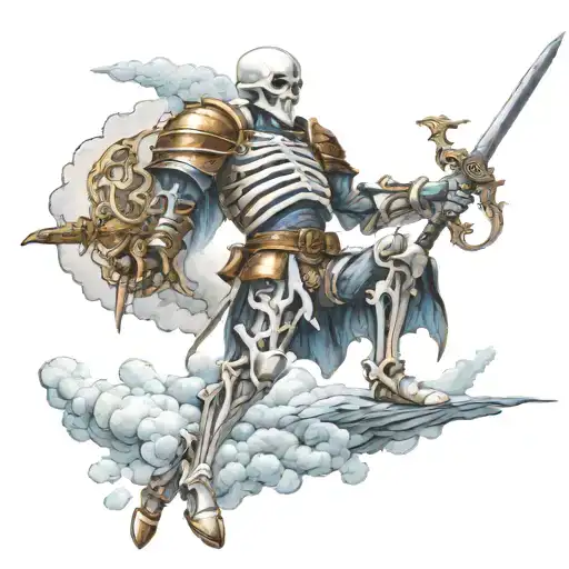 a white skeleton in armor holding a long sword pointing down and below his feet some clouds tattoo design idea