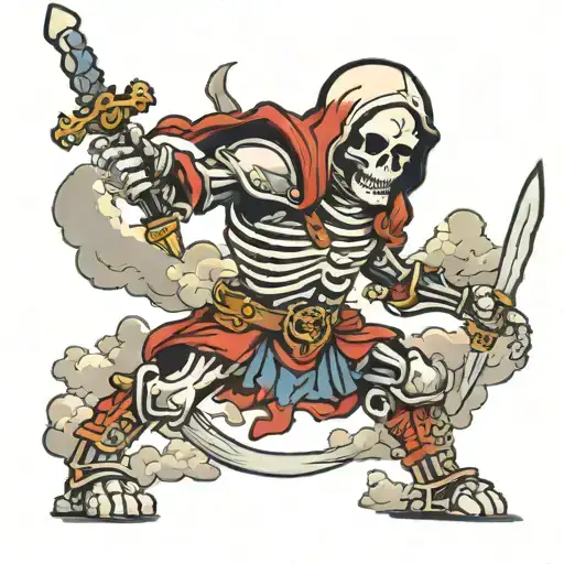 a white skeleton in armor holding a long sword pointing down and below his feet some clouds tattoo design idea