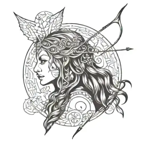 Side view of a nature goddess with long hair, holding a bow and arrow, in fine line tattoo style. Black and white, with  tattoo design idea