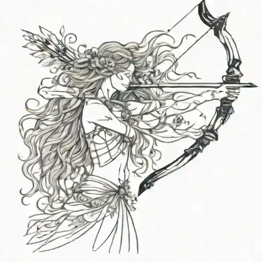 Side view of a nature goddess with  long hair, holding a bow and arrow, tattoo design idea