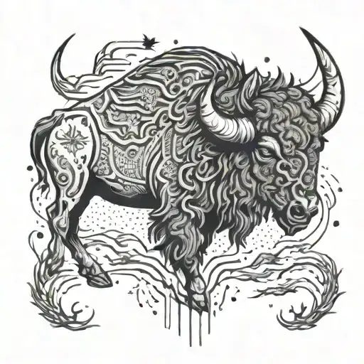 An intricate design of a bison skull with lightning bolts, representing the client's favorite image of a bison charging into a storm tattoo design idea