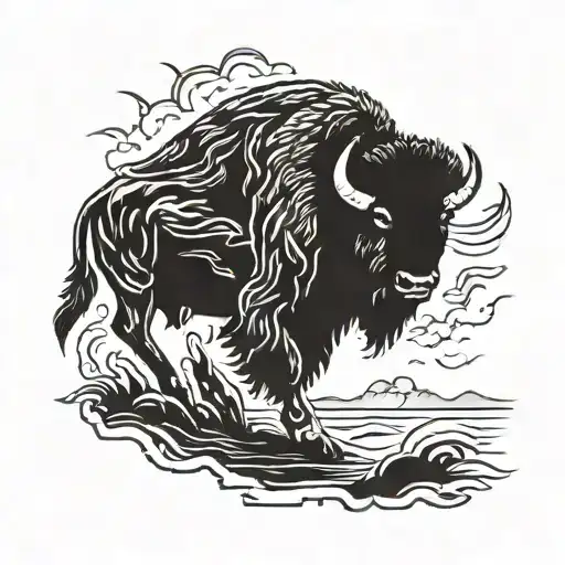 A silhouette of a bison charging into a storm, symbolizing strength and resilience tattoo design idea