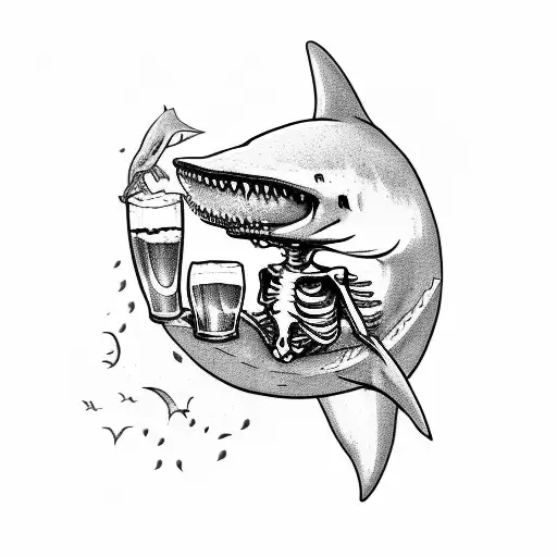 skeleton drinking a beer while riding a shark w tattoo design idea