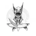 skeleton drinking a beer while riding a shark w tattoo design idea