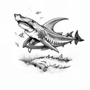 skeleton drinking a beer while riding a shark w tattoo design idea