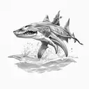 skeleton drinking a beer while riding a shark w tattoo design idea