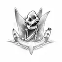 skeleton drinking a beer while riding a shark w tattoo design idea