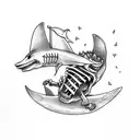 skeleton drinking a beer while riding a shark w tattoo design idea