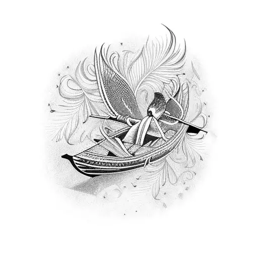 A rowing oar with intricate dotwork patterns of cockatiel feathers tattoo design idea
