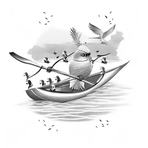 A rowing oar transformed into a tree with cockatiel birds as leaves tattoo design idea