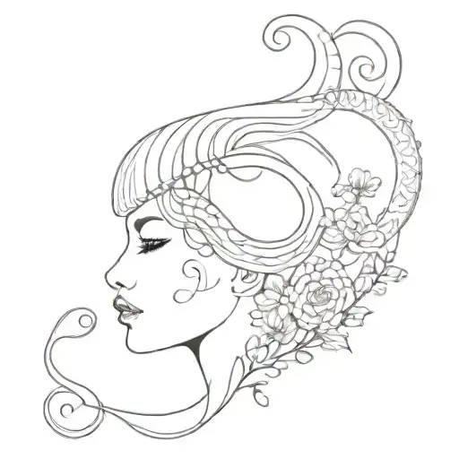Minimalist medussa tattoo with small flowers on one side of her head, and snakes on the other side tattoo design idea