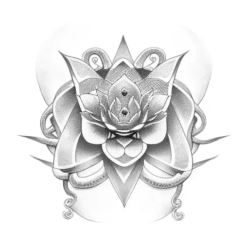 a snake together with a lotus flower  tattoo design idea
