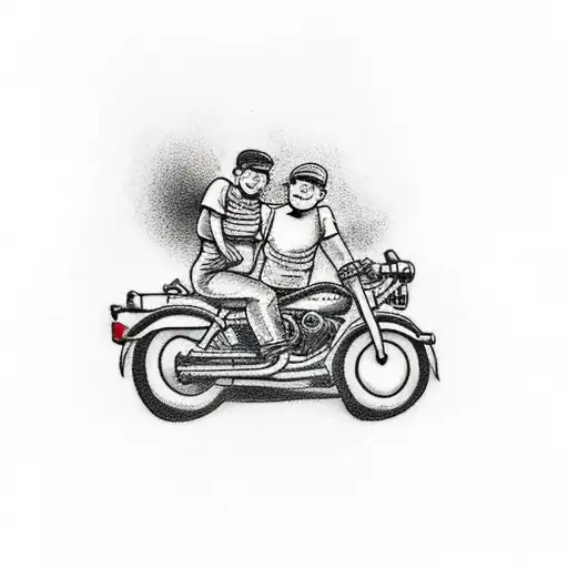 Design a tattoo showing a father and son on their motorcycles, exchanging a thumbs-up gesture. tattoo design idea