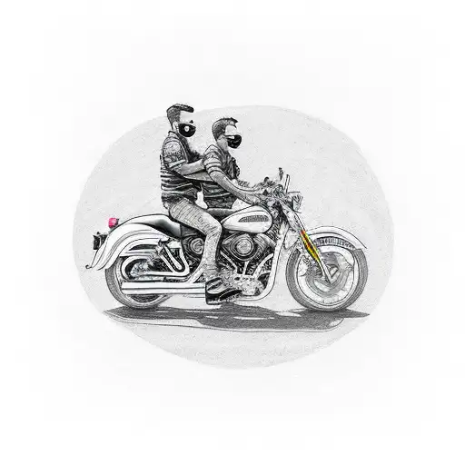 Design a tattoo showing a father and son on their motorcycles, exchanging a thumbs-up gesture. tattoo design idea
