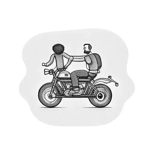 Create a tattoo featuring a father and son riding their motorcycles side by side, with their hands raised in a friendly salute. tattoo design idea