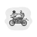 Create a tattoo featuring a father and son riding their motorcycles side by side, with their hands raised in a friendly salute. tattoo design idea