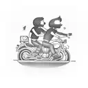 Create a tattoo featuring a father and son riding their motorcycles side by side, with their hands raised in a friendly salute. tattoo design idea