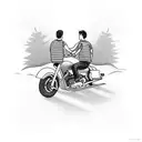 Create a tattoo featuring a father and son riding their motorcycles side by side, with their hands raised in a friendly salute. tattoo design idea